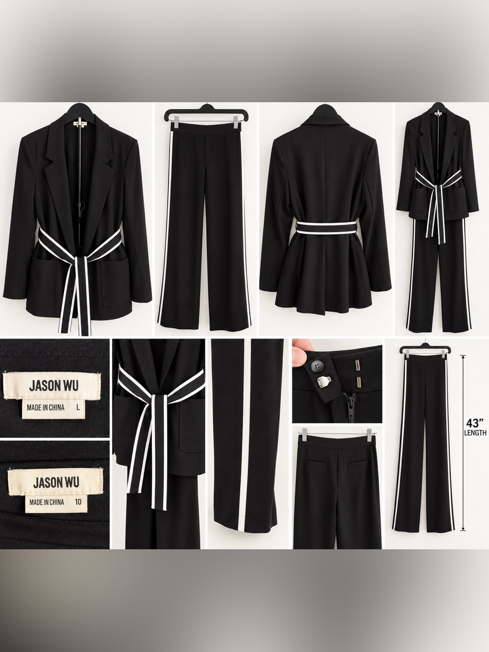 Jason Wu Black Wide-Leg Pants with White Side Stripes and Matching Belted Blazer